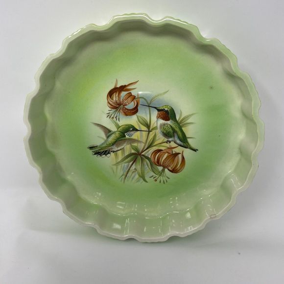 Unbranded Other - Vintage 1980 Ceramic Pie Plate Dish Green Scalloped Hummingbird Floral Design